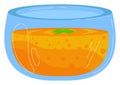 Cartoon glass bowl of orange soup with a green leaf garnish. Soup in transparent dish illustration Royalty Free Stock Photo