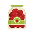 Cartoon glass jar of red marinated tomatoes. Bank with vegetable on brand label. Canned food. Ingredients for cooking