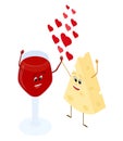 Cartoon glass of wine and cheese characters love