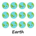 Cartoon globe Earth face with emotion web icons green global smile happy nature character expression and ecology earth