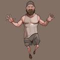 Cartoon gloomy bearded man steps with his arms outstretched to the sides