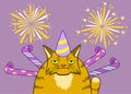 Cartoon gloomy cat on a celebration