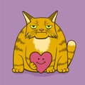 Cartoon gloomy cat with smiling heart