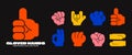 Cartoon gloved hands. Set of hand signs and symbols. Stickers in retro style.