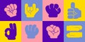 Cartoon gloved hand. Set of hand signs and symbols. Stickers in retro style