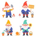 Cartoon gnome characters. Cute dwarfs holding gardening tool as watering can and digging shovel. Adorable characters