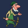 Cartoon gnome in green clothes walks with a pickaxe in his hand