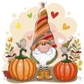 Cartoon Gnome with two pumpkins and birds