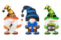 Cartoon Gnomes with with the candy, gift and pot. Halloween leprechaun characters