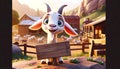 Cartoon Goat Holding Wooden Sign in Front of Farm. Generative AI