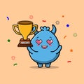 Cartoon of goblin monster holding golden trophy