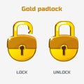 Cartoon Gold Padlock. Lock And Unlock.
