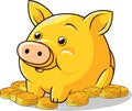 Cartoon Gold piggy Bank and coins. Financial symbol. Vector