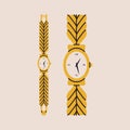 Cartoon gold wrist watch. Classic retro wristwatch roman digit with bracelet, flat expensive time accessory golden