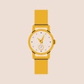 Cartoon gold wrist watch. Classic wristwatch with metal bracelet, flat expensive time accessory golden jewelry. Vector