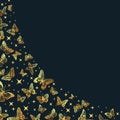 Cartoon golden butterflies silhouettes background, flying butterfly pattern. Gorgeous gold butterfly flock, exotic insects flat Royalty Free Stock Photo