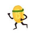 Cartoon golden coin with green sport headband. Humanized bitcoin character in action. Virtual money and finance concept