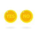 Cartoon golden coin with Yes and No two faces. Vector illustration isolated on white background