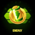 Cartoon golden energy battery in a frame for the game.