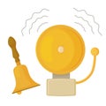 Cartoon golden school bell with noise sound vector flat illustration