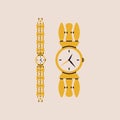 Cartoon golden wrist watch. Classic retro female wristwatch with bracelet, flat expensive time accessory gold jewelry