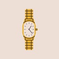 Cartoon golden wrist watch. Classic retro unisex wristwatch with bracelet, flat expensive time accessory gold jewelry