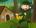 Cartoon good hunter forester near wooden house