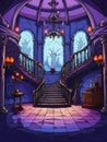 Cartoon gothic creepy room with bats in haunted castle. AI Royalty Free Stock Photo