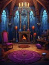 Cartoon gothic creepy room with bats in haunted castle. AI