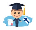 Cartoon graduate with graduation cap holding diploma and flag of Finland