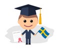 Cartoon graduate with graduation cap holding diploma and flag of Sweden