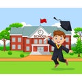 Cartoon graduation boy in front of school building