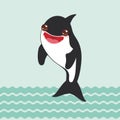 Cartoon grampus orca, killer whale, sea wolf Kawaii with pink cheeks and positive smiling on blue waves sea ocean background. Vect