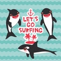 Cartoon grampus set. Lets go surfing, orca, killer whale, sea wolf Kawaii with pink cheeks and positive smiling on blue waves sea Royalty Free Stock Photo