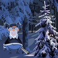 Cartoon grandfather hunter with a gun in the winter snowy forest