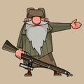 Cartoon grandfather with a rifle hand points his hand to the side