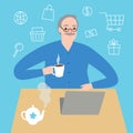 Cartoon grandfather using computer and shopping on-line