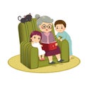 Cartoon of grandma telling story to her grandchildren on a sofa