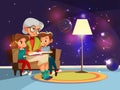 cartoon grandmother reading to girl boy