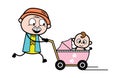Cartoon Grandpa with baby stroller
