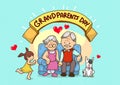 cartoon grandparents with love child and dog,multi colour,brigth background colour