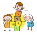Cartoon Granny with Kids Playing Blocks Game Vector Illustration