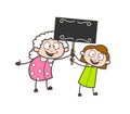 Cartoon Granny with Little Girl Holding a Placard Vector Illustration