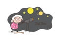 Cartoon Granny Watching Starry Sky Through Telescope Vector Illustration