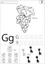 Cartoon grapes, gift and giraffe. Alphabet tracing worksheet: writing A-Z and educational game for kids