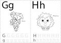 Cartoon grapes and hedgehog. Alphabet tracing worksheet: writing