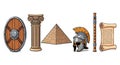Ancient Artifacts Cartoon: Egyptian Pyramid, Greek Column, and Roman Helmet Royalty Free Stock Photo