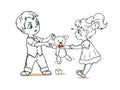 Cartoon graphic illustration of a boy ad girl fight over a stuffed animal