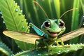 grasshopper character, wearing a cheerful smile and oversized eyes,