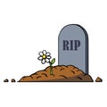 Cartoon grave with tombstone and flower. Vector illustration